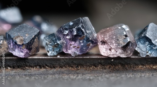 Halite crystals forming along a steel surface with diverse colors and textures in macro view