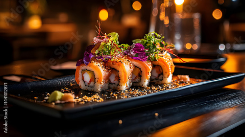 A beautifully plated dish of sushi with colorful garnishes on a black plate.