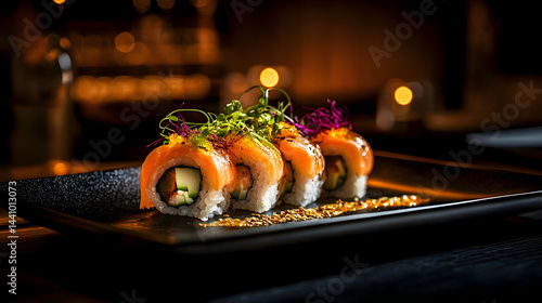 A beautifully plated dish of sushi with colorful garnishes on a black plate.