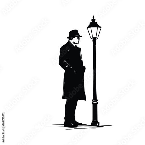 Creating Atmospheric Vector Silhouette of Pensive Man by Lamppost Graphics: Illustrating Urban Solitude and Thoughtfulness.
