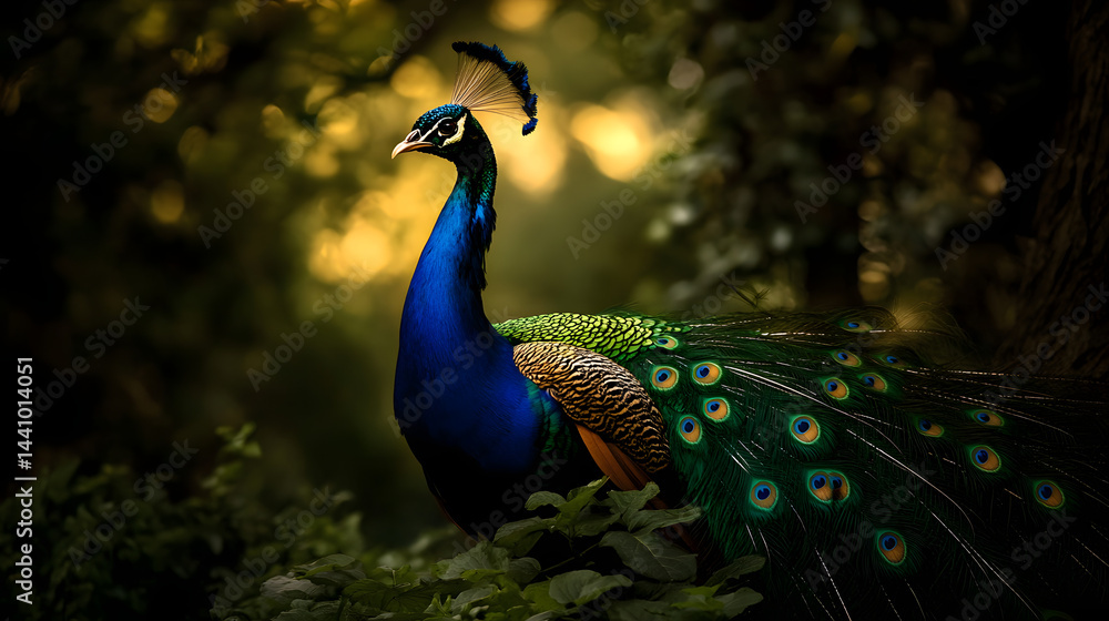 Fototapeta premium A beautiful peacock displaying its colorful feathers in a lush garden.