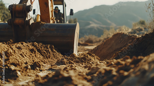 Excavator Digging a Trench in a Desert Landscape