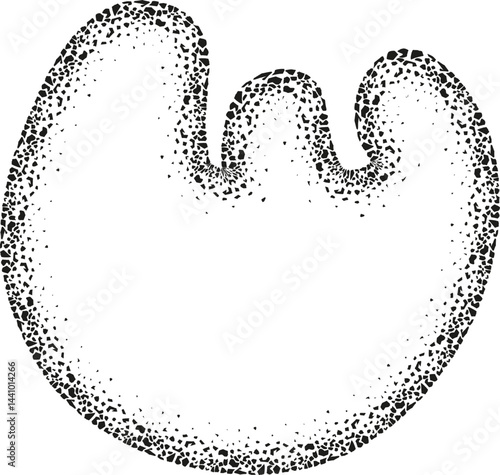 Abstract trident-shaped form with wavy flowing edges and a rough grainy texture inspired by scattered pebbles.