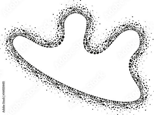 Organic abstract figure with smooth fluid curves and a rough textured contour resembling scattered dirt and grains.