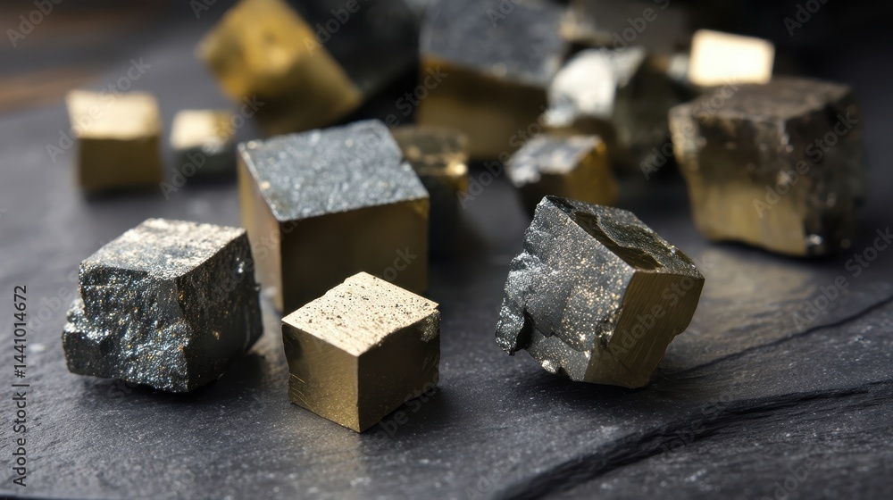 Macro shot showcasing detailed cubic pyrite crystals with varying textures and colors on a dark surface
