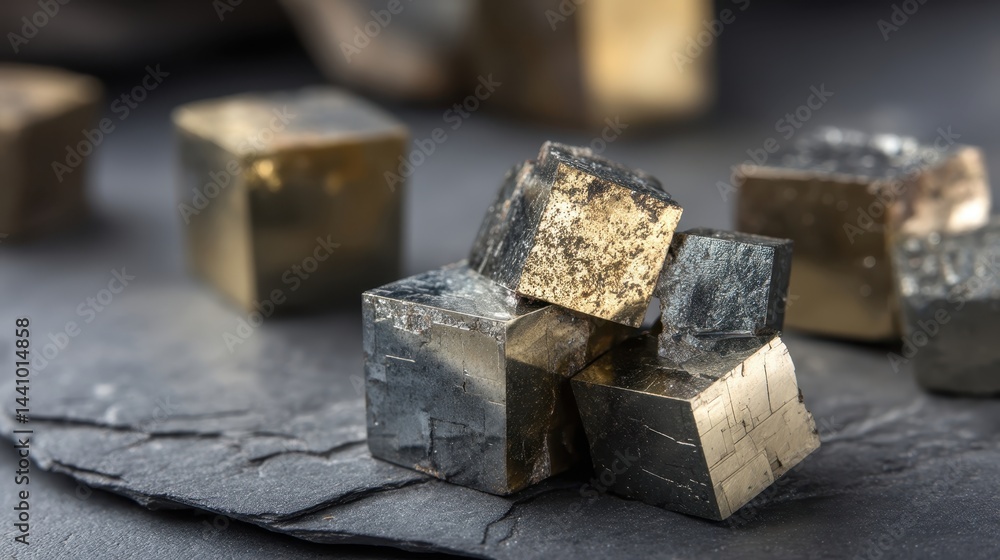 Close-up view of cubic pyrite crystals showcasing their geometric structure and metallic luster