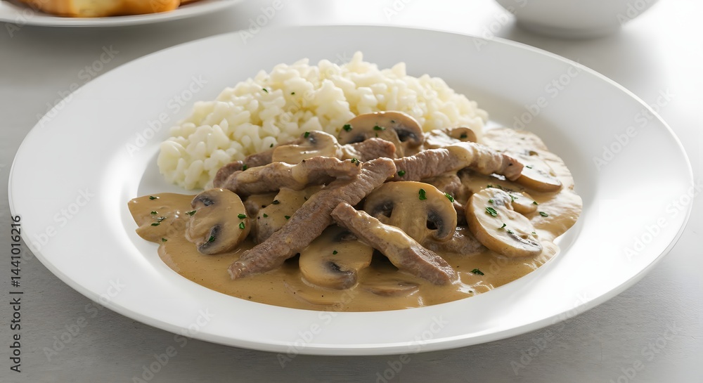Delicious beef stroganoff with mushrooms and rice served in a restaurant setting on a white plate. Delicious beef stroganoff with mushrooms and rice served in a restaurant setting on a white plate.