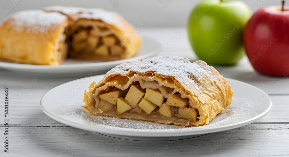 A delectable slice of apple strudel on a white plate, showcasing its warm, inviting interior. A delectable slice of apple strudel on a white plate, showcasing its warm, inviting interior.
