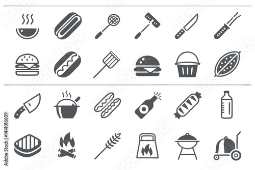 BBQ and Picnic Food Icons Set, Grill Tools and Accessories, Black and White Vector Illustration.