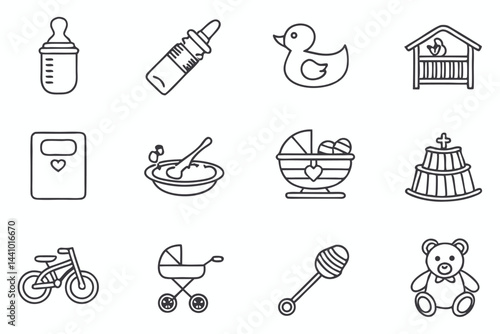 Baby Items Line Art Icons: Collection of Isolated Black and White Newborn Essentials Vector Set.