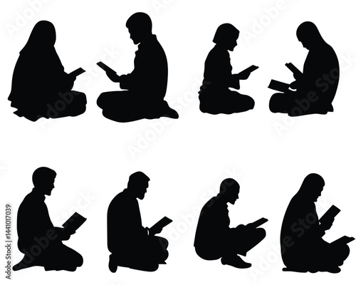 Silhouettes of Men and Women Reading While Sitting on the Floor