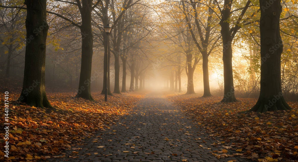 Fototapeta premium Walking Path through Trees with Autumn Leaves and Misty Morning