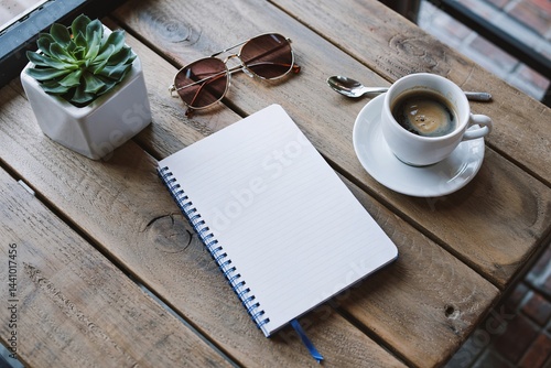 Notebook with Coffee Cup, Sunglasses, and Plant on Wooden Table