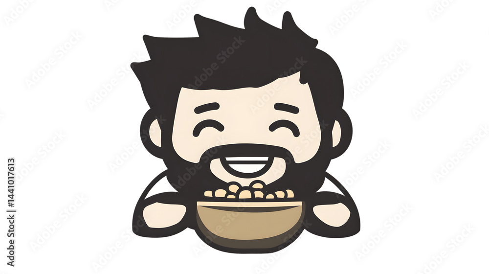 A cartoon character enjoying a bowl of food with a happy expression ideal for themes of happin A cartoon character enjoying a bowl of food with a happy expression ideal for themes of happin