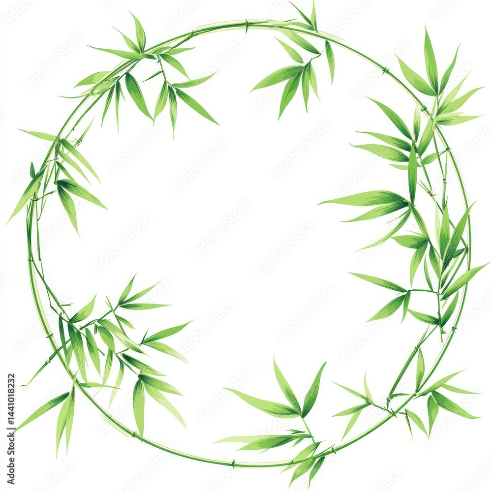 Fototapeta premium Circular bamboo leaf frame, nature border, empty space, graphic design element, digital art