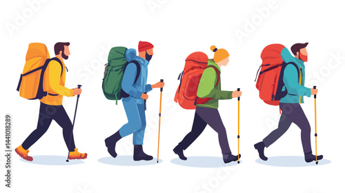 Hikers with backpacks trekking outdoors in colorful clothing ag.eps