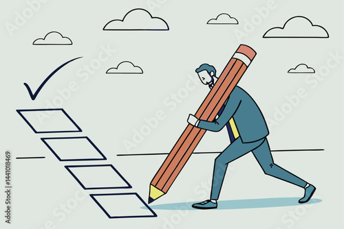 Businessman drawing checklist with a big pencil, symbolizing progress, planning, and completion with stylized clouds.