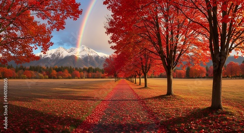 Autumn Landscape with Red Maple Trees and Rainbow Over Snowy Mountain