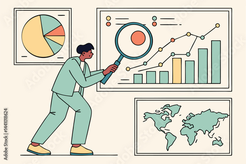 Analyst Examining Business Data with Magnifying Glass on Charts and World Map for Strategy Development.