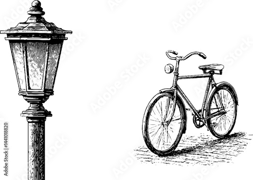 Vintage bicycle and lamp post engraving for classic design and nostalgic decor