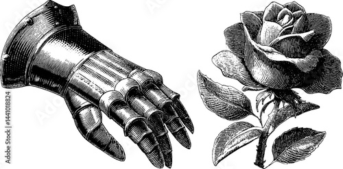 Engraved illustration of knight gauntlet and rose for historical design and art decoration