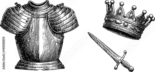 Medieval armour chestplate, royal crown, and sword emblem design for historical themes