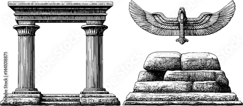 Ancient desert gate with engravings and symbolic art featuring columns and eagle emblem