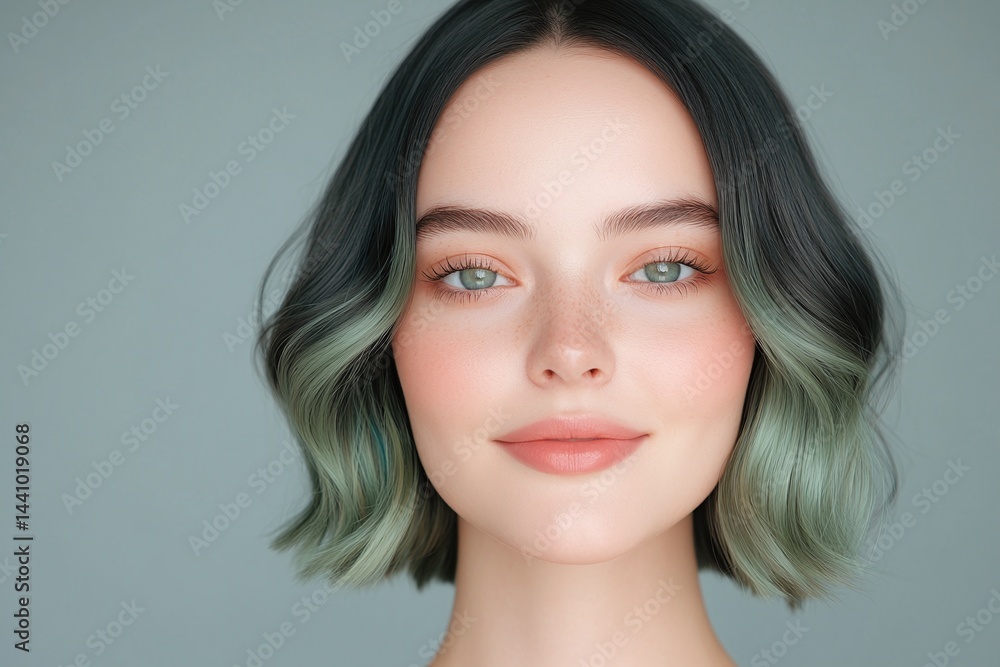 Modern fashion portrait, young Caucasian woman with green ombre wavy bob hairstyle, clear skin, soft natural makeup, pastel grey background, minimal style, beauty close up
Modern fashion portrait, young Caucasian woman with green ombre wavy bob hairstyle, clear skin, soft natural makeup, pastel grey background, minimal style, beauty close up