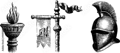 Engraved medieval elements: castle torch, banner, and helmet for historical design