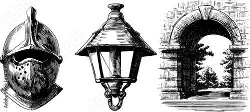 Medieval engraving set featuring knight helmet, torch, and castle archway for design projects