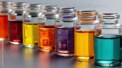 Obraz na płótnie Perovskite nanocrystals in colorful solutions during laboratory synthesis process w salonie