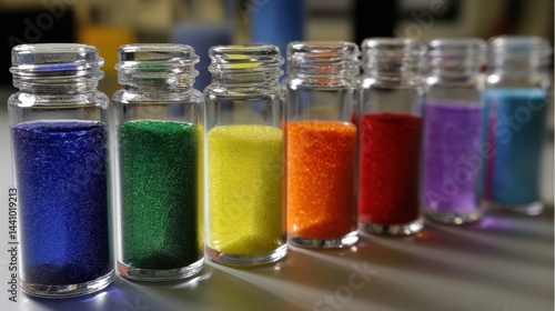 Obraz na płótnie Synthesis of perovskite nanocrystals with vibrant colors in glass vials located in a laboratory setting w salonie