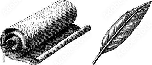 Vintage engraving of scroll and quill for historical writing and educational design