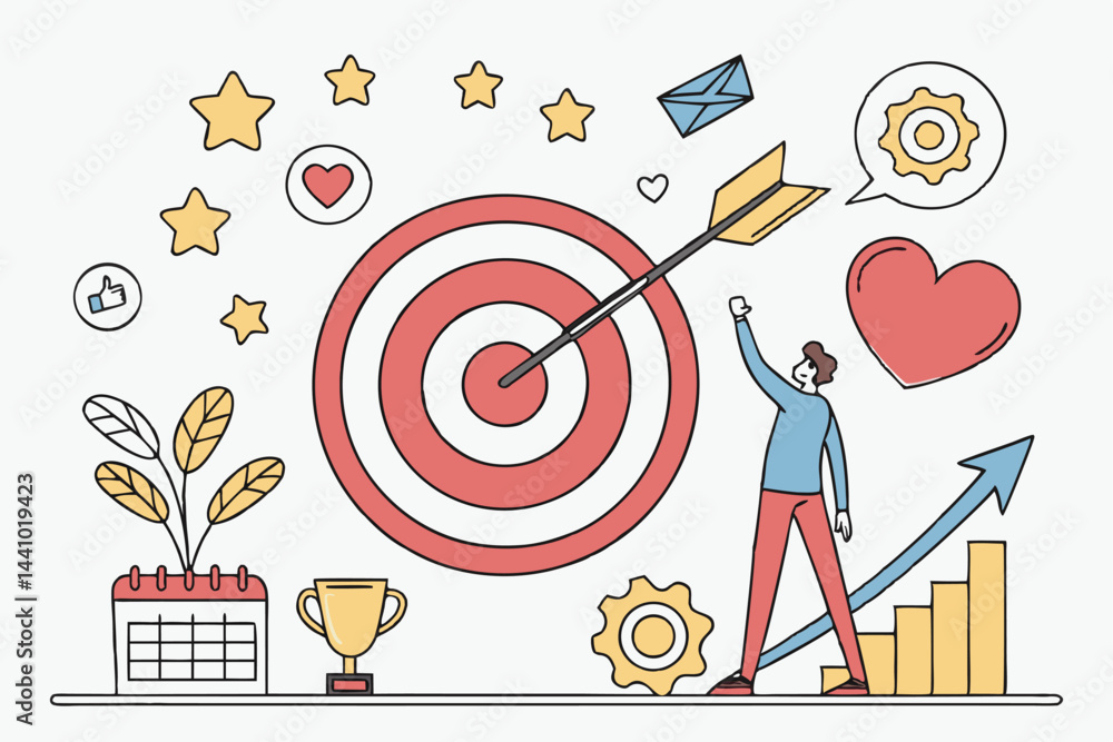 Goal achievement illustration with business target, success, and motivation icons; business development concept with arrow hitting the center. Goal achievement illustration with business target, success, and motivation icons; business development concept with arrow hitting the center.