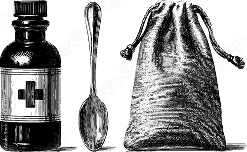 Vintage medicine bottle, spoon, and pouch engraving for historical apothecary design