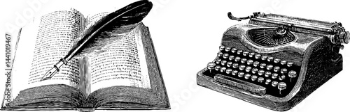 Vintage writing tools: engraved typewriter and quill on open book for retro design