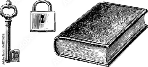 Vintage engraved set of iron key, lock, and book for classic design inspiration