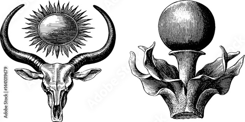 Engraved illustration set featuring hathor horns and sun symbol for cultural design