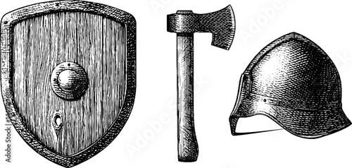 Engraved medieval objects set featuring wooden shield and iron helmet design