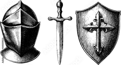 Medieval knight armor set with helmet, sword, and shield engraving for historical design