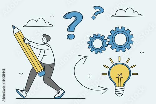 Creative Doodle Illustration of Problem-Solving Process with Pencil, Gear, Question Mark, and Light Bulb for Solution.