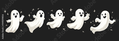 Set of flying ghosts and phantoms for Halloween, featuring cute and spooky characters- 