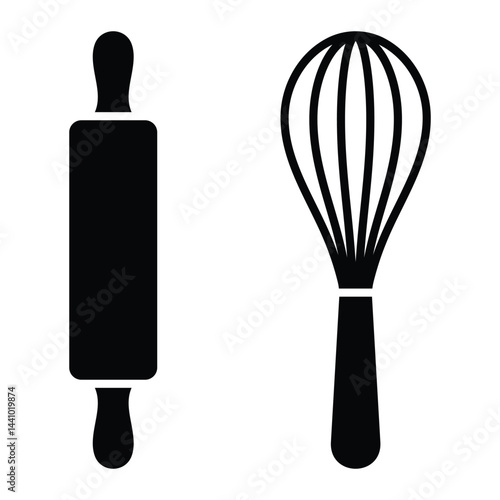 Whisk and rolling pin vector icon. Baking and cooking kitchen tools. Black silhouette isolated on white background.