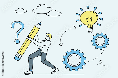 Creative problem solving concept: man holding pencil, navigating from question to idea and mechanical solution.
