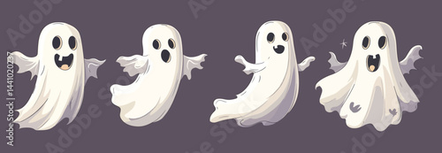 Set of flying ghosts and phantoms for Halloween, featuring cute and spooky characters- 
