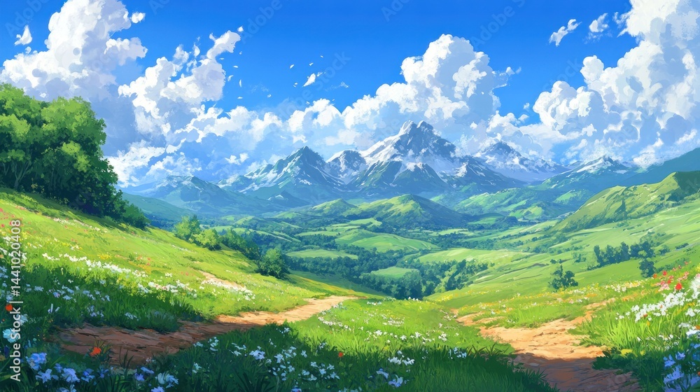 Fototapeta premium A scenic vista of a lush valley with towering mountains