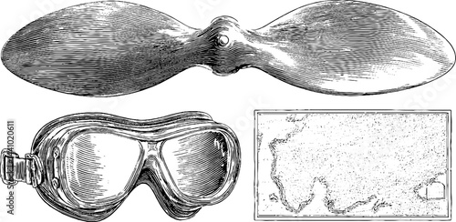 Engraved vintage airplane propeller and goggles illustration set for historical designs
