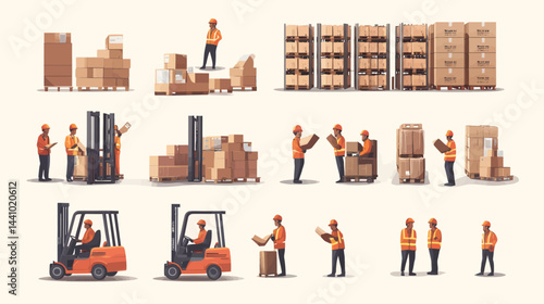 Warehouse Workers Set: Logistics staff including forklift operators and movers  - 