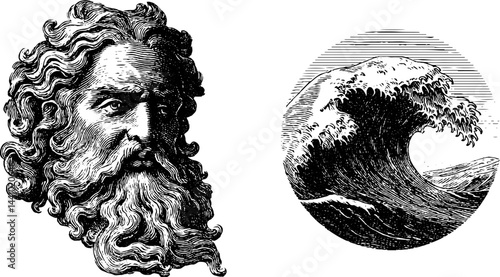 Vintage engraving of bearded triton and ocean wave for nautical design