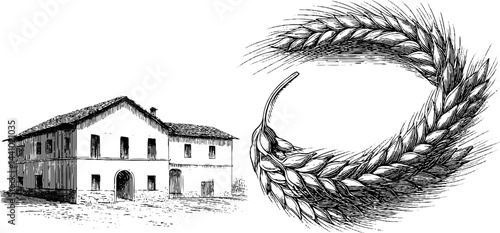 Engraved illustration of rustic farmhouse and wheat agriculture with sheaf and sickle design